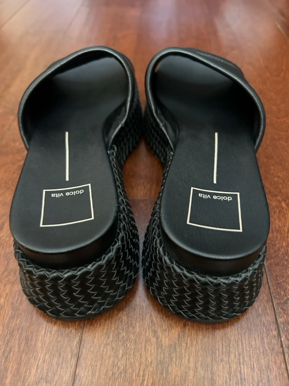 Dolce Vita Wimsyn Black Leather Platform Slide with Woven Platform, Size 8.5